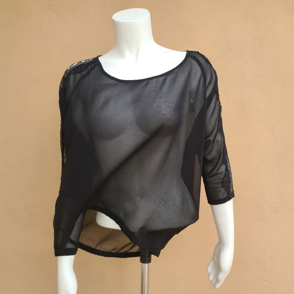 THERAPY Sheer Black Lace Blouse 10 M Top 3/4 Sleeve Tulip Hem Indie Goth Punk - Picture 9 of 13